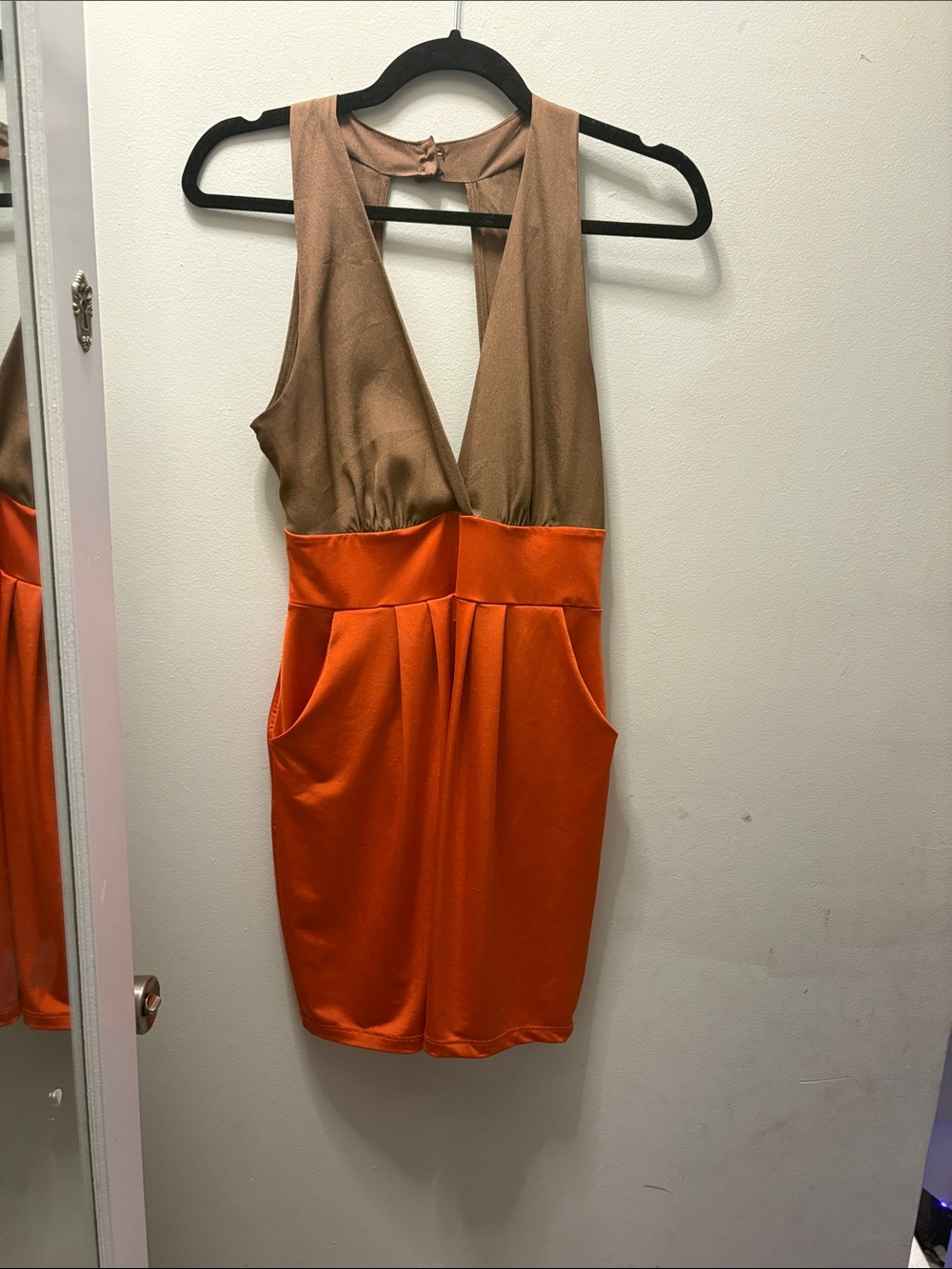 Sleeveless V-Neck Colorblock Dress in Bronze and Orange